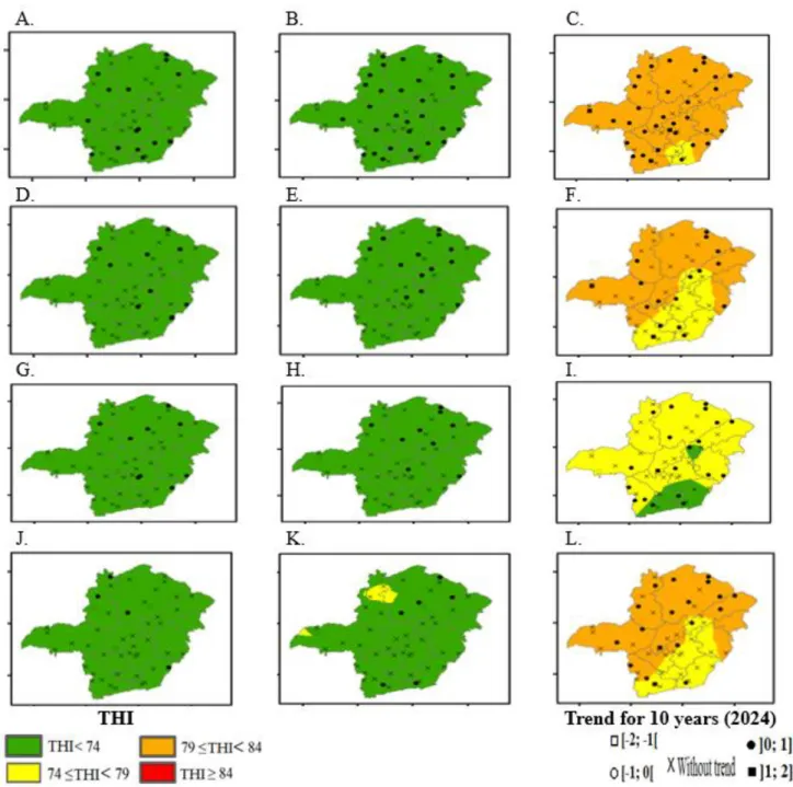 FIGURE  2.  Variation of the minimu m,  med iu m and  maximu m temperature and humid ity index (THI)  (summer:  (A),  (B) and  (C),  respectively;  fall:  (D),  (E)  and  (F),  respectively;  winter:  (G),  (H)  and  (I),  respectively;  spring:  (J),  (K)