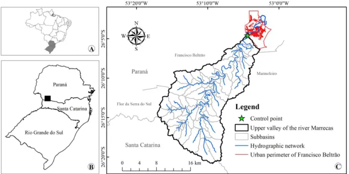 FIGURE  1. Spatial d istribution of  southern Brazil (A), Marrecas River basin in the Paraná  State (B), and basin  draining the  upper Marrecas River valley, subdivided into 59 sub-basins as the drainage network considered in this study (C)