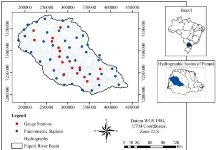 FIGURE 1. Geographical location of Piquiri River basin - PR,  with gauging and rainfall stations utilized in this study