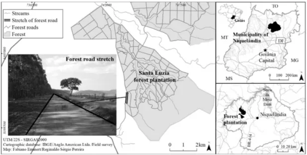 Figure 1. Location of the study area and partial view of the forest road stretch.
