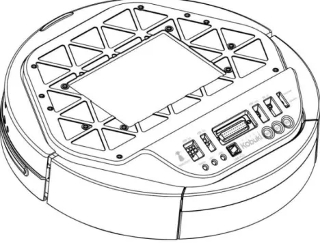 Figura 13 – Vista de cima da base Kobuki: conectores DB25, USB e de alimentação, LEDs, botões e bumper 