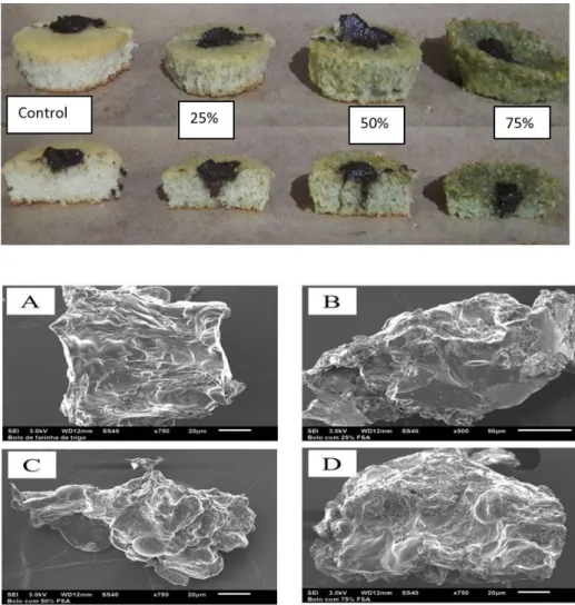 Figure 1. Omages of cupcakes in the developed formulations (0%, 25%, 50% and 75%). Scanning electron microscopy: (A) of wheat flour cupcake  with 750x magnification; (B) cupcake  with 25% pumpkin seed flour with 500x magnification; (C) cupcake  with 50% pu