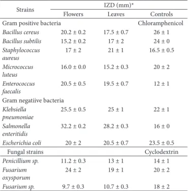 Table 3. Antimicrobial activities of flowers and leaves extracts of  E. glaucophyllum against fungal and bacterial strains