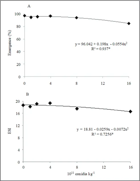 Figure 1. Emergence percentage (A) and emergence speed index values (B) of lettuce  seedlings in substrate treated with higher doses of the commercial product ICB Nutrisolo  Trichoderma; *significant at 1%
