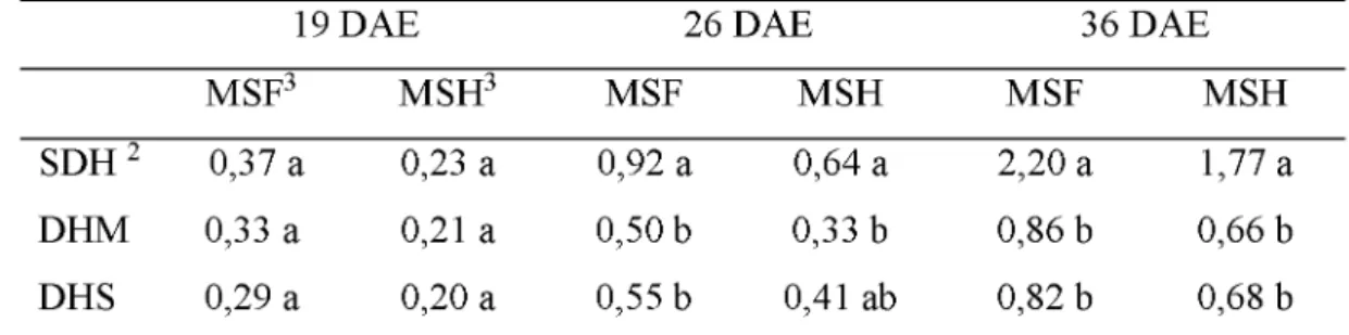 Tabela 7 -  Massa seca da folha e haste da soja nos estádios V4, V5 e V6 aos  19, 26  e 36 DAE