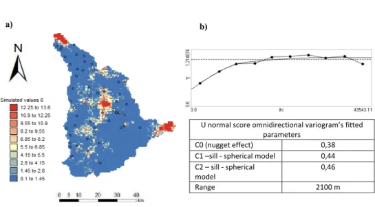 Fig. 3. (a) Average simulated map of uranium content; (b) omnidirectional variogram and fitted parameters