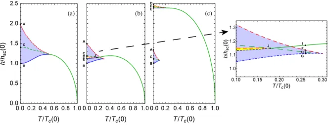 Figure 5.1: In-plane magnetic field (normalized to the zero temperature supercooling field, h sc (0)) vs