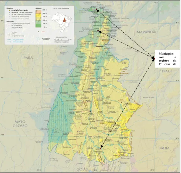 Figura 9: Localização de municípios com registros de novos casos de LV no Tocantins  em 2011 