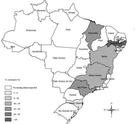 Figure  1.  Geographical  illustration  of  serologic  occurrence  of  Neospora  caninum  in  goats  from  Brazil  based referenced data