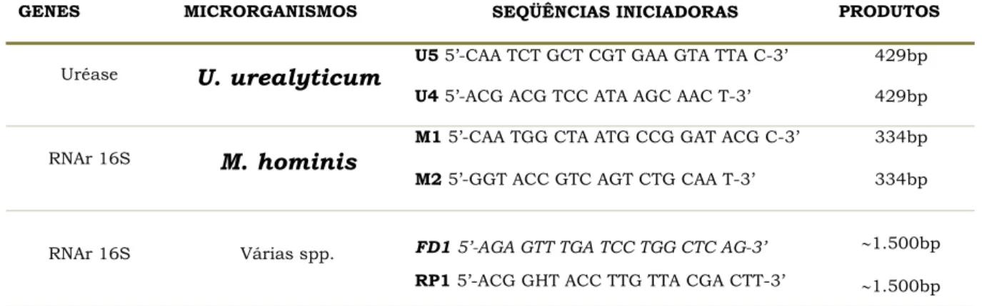 Tabela 1. Seqüências iniciadoras para a detecção do gene da urease de Ureaplasma  urealyticum 84 , do gene rRNA 16S de Mycoplasma hominis 85  e do gene  bacteriano RNAr 16S 25 