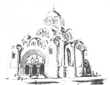 Figure  2.  Deroko,  Saint  Sava  Church,  a  centrally  planned  edifice  in  the  Serbian-Byzantine  tradition,  competition  drawing (Jovanovic, Z