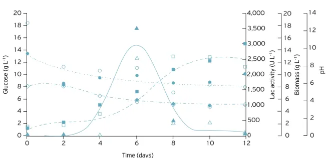 Figure 2.  Profiles  of  biomass  growth  (dashed  line,  --,  --),  glucose  consumption  (dotted  line,  --,  --),  laccase  activity  (continuous line, - -, - -) and pH (dash dot line, - -, - -) with time (days), in the presence of 7.5% Tween 80