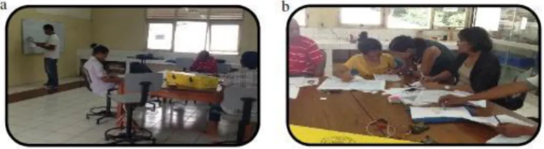 Fig. 1. (a) Trainee doing exercise on board; (b) The PTT giving support to Timorese teachers