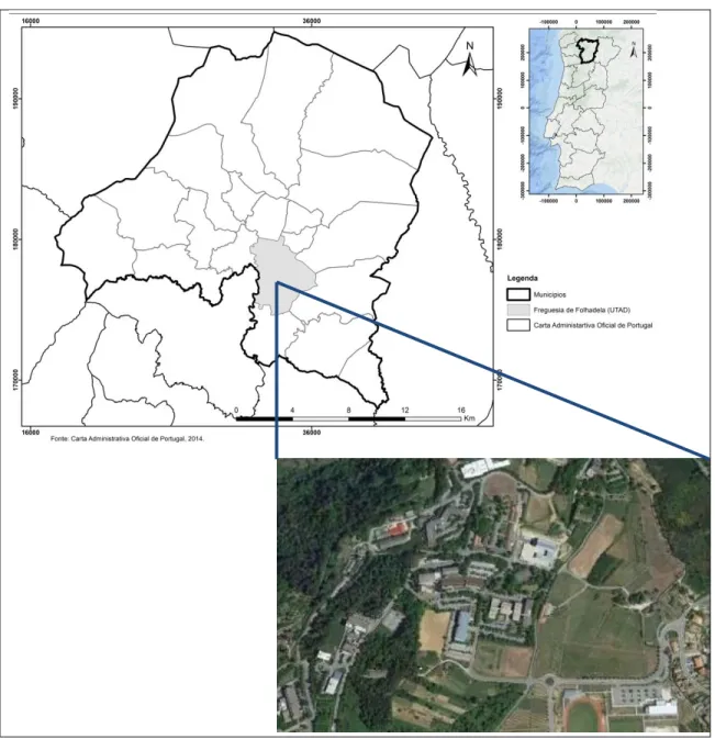 Figura  5.  Em  cima:  Localização  do  distrito,  concelho  e  cidade  de  Vila  Real  em  Portugal  Continental 