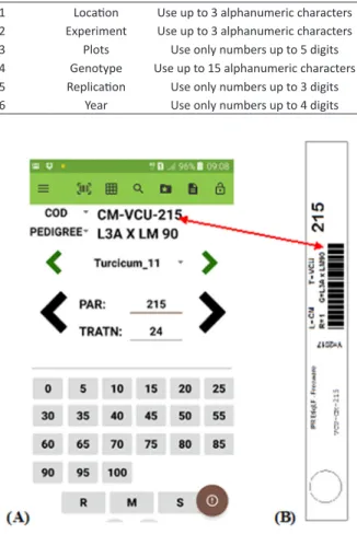Figure 2.  Field data readout screen for trait  E. turcicum spot  in corn, through software Fieldbook (A) (Rife and Poland 2014)  where the COD field shows the same data as the barcode (Loca  -tion-Experiment-Plot) of the field label (B).