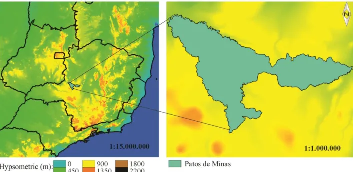 FIGURE 1. Location of the municipality of Patos de Minas in relation to the hypsometric map of the State of Minas Gerais