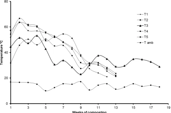 FIGURE 1. Temperature behavior in the windrows (treatments) and in the ambient during the composting process