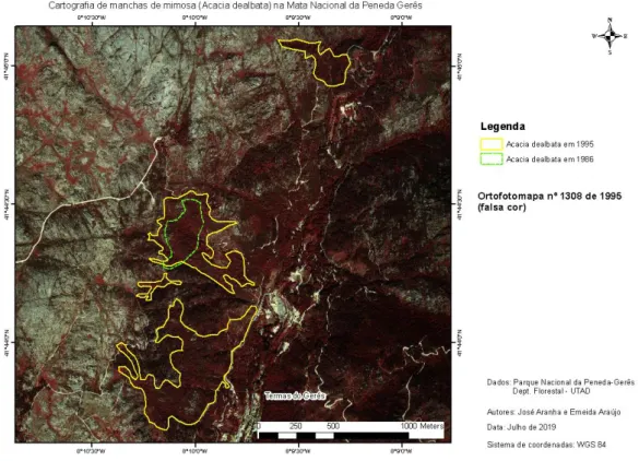 Figura 7 – Cartografia de áreas de Acacia dealbata sobre orotofomapas de 1995 