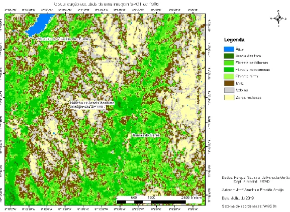 Figura 10 – Cartografia de áreas de Acacia dealbata sobre imagem ASTER multiespectral de 2004 