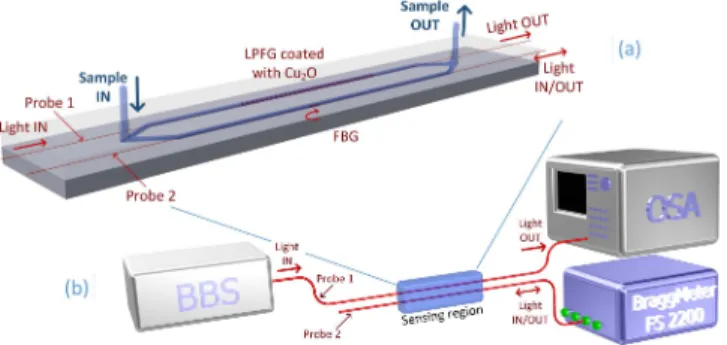 Fig. 1. Scheme of the measurement setup including: (a) flow cell with two channels for liquids with two openings to fill and drain liquid samples and four openings to pass the fibers and (b) broadband source - BBS, optical spectrum analyzer - OSA, LPFG (Pr