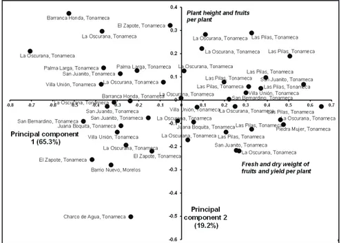 Figure 1. Dispersion of 46 costeño pepper accessions by community of origin in the  municipalities of Santa María Tonameca and Santo Domingo de Morelos, Mexico, based on  the first two components