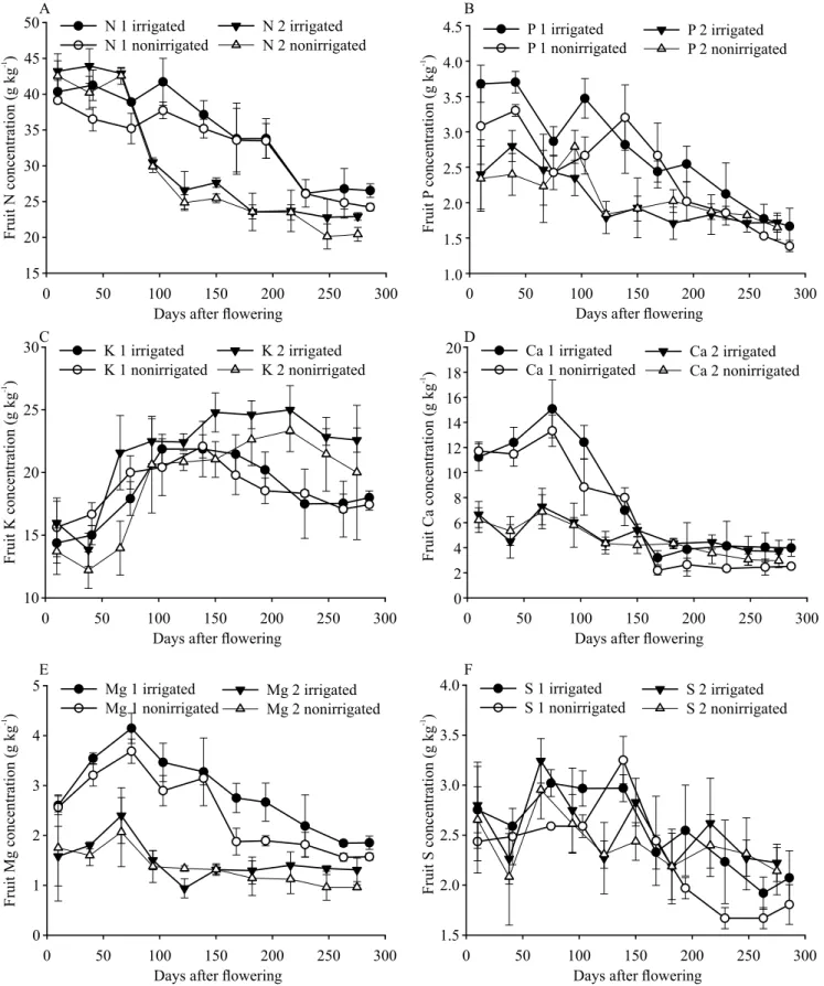 Figure 5. Concentrations of nitrogen (A), phosphorus (B), potassium (C), calcium (D), magnesium (E), and sulphur (F), in  fruit of irrigated and nonirrigated conilon coffee plants, from flowering to fruit ripening, in two consecutive crop seasons  (Year 1 