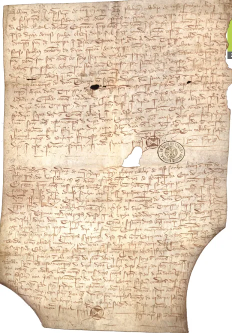 FIGURA 3 Carta  de 8 de feverei- feverei-ro de 1346 pela qual são  confis-cadas as rendas da Torre de Vilar  a D
