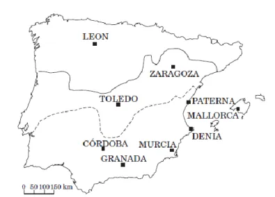 Figure 1.  Map of the Al-Andalus region corresponding to most of the Iberian Peninsula with exception  of regions in north and north-east of the territory (Molera 2001)