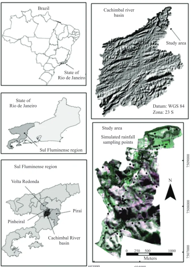 Figure 1. Study area and simulated rainfall sampling points, in the Cachimbal River basin, in the state of Rio  de Janeiro, Brazil.
