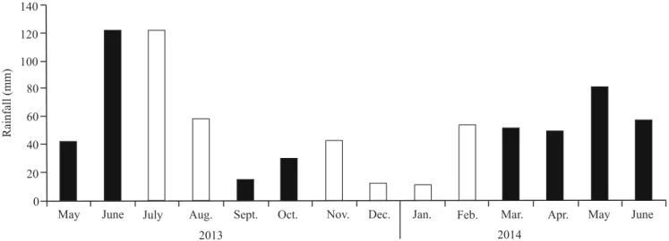 Figure 1. Monthly rainfall levels in the experimental site from May 2013 to June 2014, using IPA’s pluviometer
