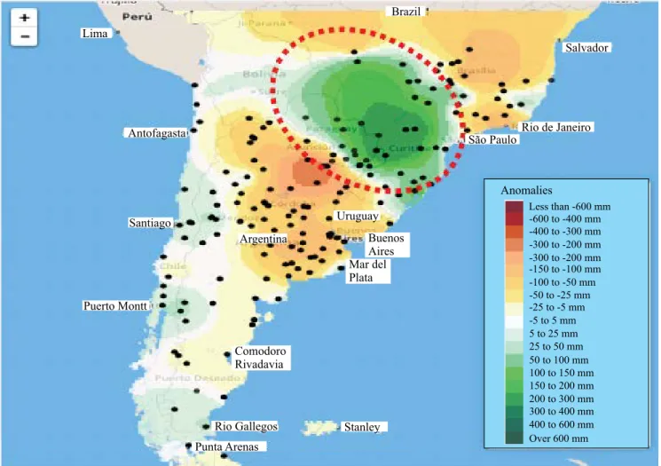 Figure 9. Deviation (anomaly) of the expected quarterly rainfall in relation to the 1981–2010 climate normals for the  trimester October-November-December of 2017 in the south region of South America