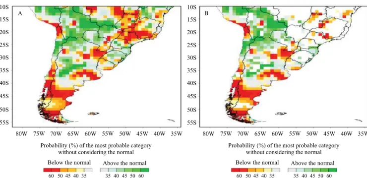 Figure 11 presents the forecast prepared by CRS-SAS  using quarterly probabilistic forecasts for precipitation  and also indicates a higher probability of occurrence of  above-average rainfall over the state of Santa Catarina