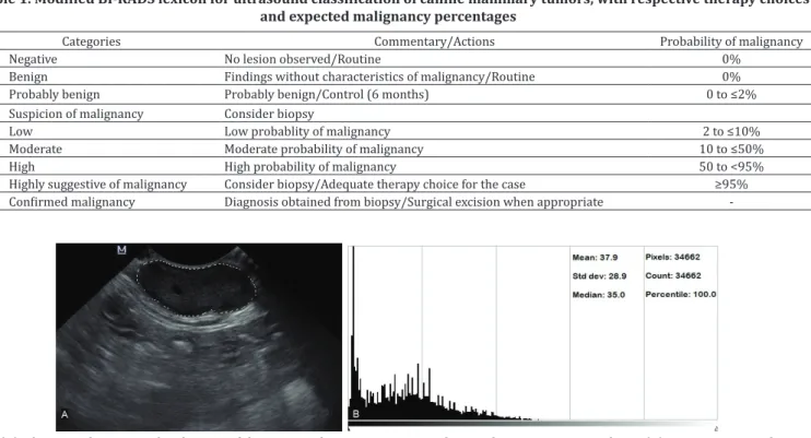 Table 1. Modified BI-RADS lexicon for ultrasound classification of canine mammary tumors, with respective therapy choices  and expected malignancy percentages
