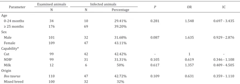 Table 1. Factors associated with Fasciola hepatica infection of cattle regarding to age, sex, capability and subspecies in meat  inspection in Pelotas, Rio Grande do Sul, 2016-2017