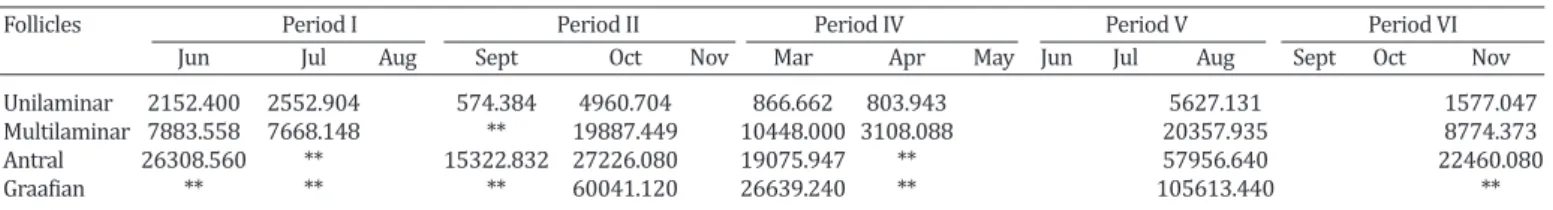Table 3. Arithmetic mean of the area* of each type of ovarian follicle of Dermanura cinerea collected between june/2014 to  november/2015  at an Atlantic Forest fragments in the Biological Reserve of Saltinho, Pernambuco, Brazil