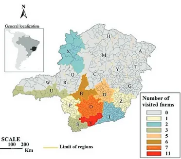 Figure 1 – Map with the number of farms visited in regions according the Agricultural  Institute of Minas Gerais (IMA), Minas Gerais, Brasil