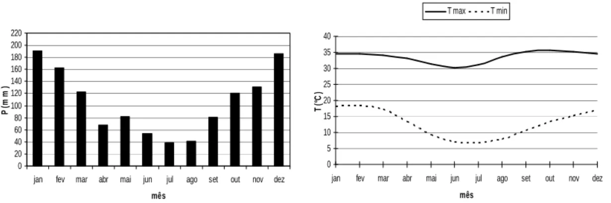 Fig.  6  –  Precipitação  e  temperaturas  máximas  e  mínimas  médias  mensais  em  Presidente  Prudente (1969-2007)