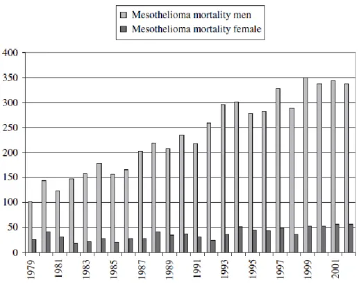 Gráfico 1 – Mortalidade por mesotelioma maligno na Holanda 1979-2002, Instituto Nacional de  Estatística da Holanda (Baas et al., 2006) 