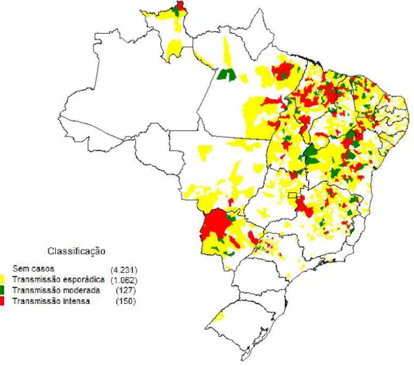 Figura  1.  Áreas  com  transmissão  de  Leishmaniose  Visceral  (LV)  no  Brasil.  Estratificação  dos  casos  de  Leishmaniose  Visceral  segundo  município  de  residência  e  casos  de  2013  a  2015