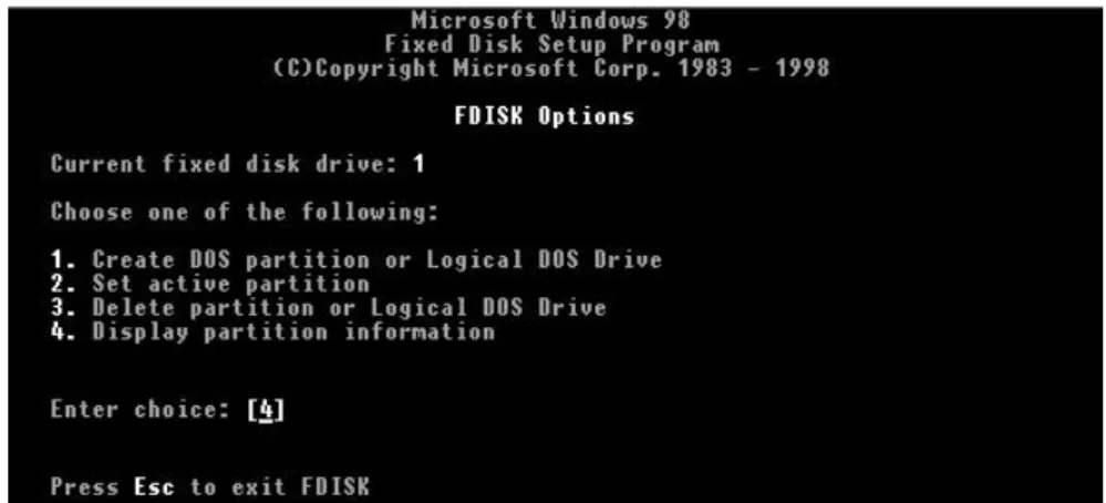 FIGURA 1.7 – Tela de Console com um Menu do programa Fdisk do Windows 98
