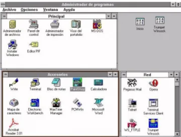 FIGURA 2.1 – Imagem do Desktop do Windows vers˜ao 3.11 em 1985 - Met´aforas da Mesa de Trabalho