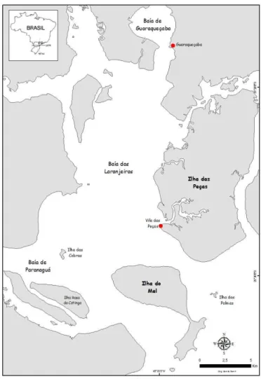 Figura 1. Complexo Estuarino de Paranaguá (CEP). Os pontos em vermelho indicam  as áreas onde o presente estudo foi realizado