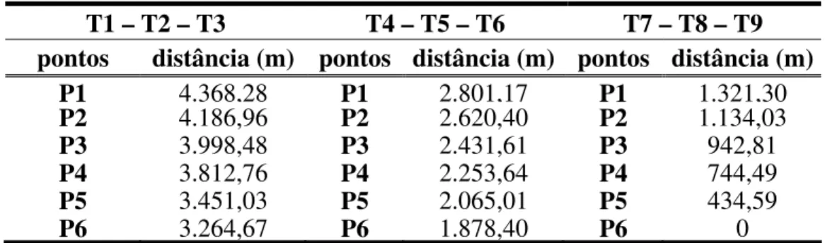 Tabela 2. Distância média, entre os três transectos paralelos, dos pontos de  observação presentes na área de estudo, até o centro da cidade de Uberlândia  (MG)