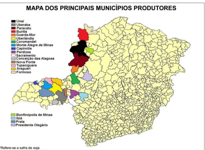 Figura 1 – Mapa dos principais municípios produtores de soja de Minas Gerais. 