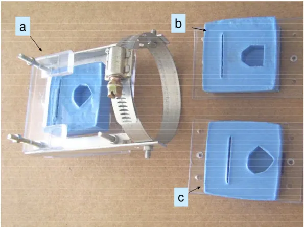 Figura 4.2 – Plataforma Radiográfica e Conjuntos de ¨placas base e suporte de silicone¨,                        acoplado (a)  e separados (b, c)