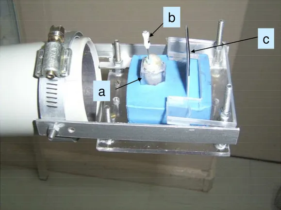 Figura 4.3 – Corpo de prova (a) com instrumento inicial (b)  e película radiográfica (c)                         devidamente   posicionados  na  plataforma  radiográfica  acoplada  ao                         aparelho de Raio X em sentido V-L