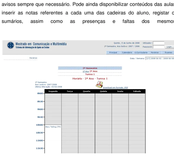 Figura 17 - Horário do 2º Ano de um Curso de Mestrado 