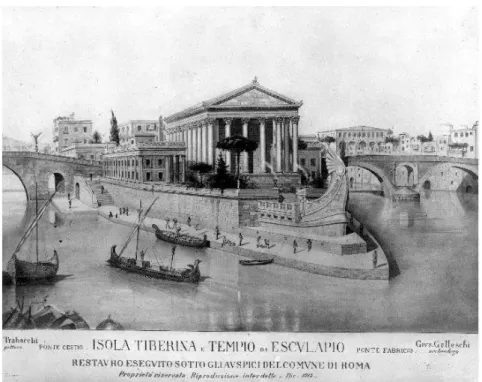 Figure 1.3: Guido Trabacchi (painter) and Giuseppe Gatteschi (archaeologist), 1913. Reconstructive drawing of the  Tiber Island (Rome, Italy) 