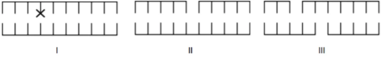 Figure  3:  Schematic  representation  of  some  DNA  damage  examples:  (I)  alteration  of  bases;;  (II)  SSB;;  (III)   DSB