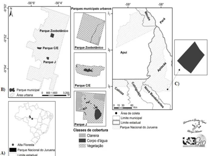 FIGURA 1:   Localização geográfica da área de estudo. A) Localização do município de Alta Floresta - MT e do  Parque  Nacional  do  Juruena  (PNJu)